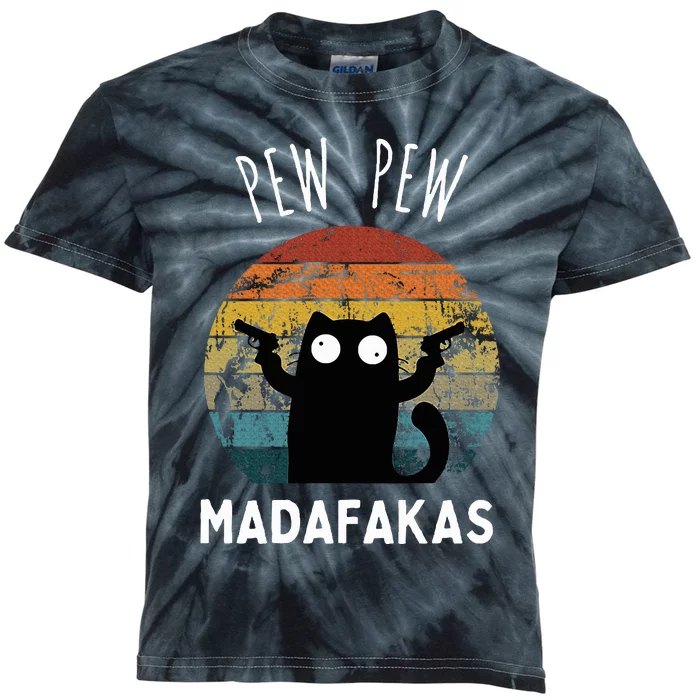 Vintage Black Cat Pew Pew Madafakas Kids Tie-Dye T-Shirt