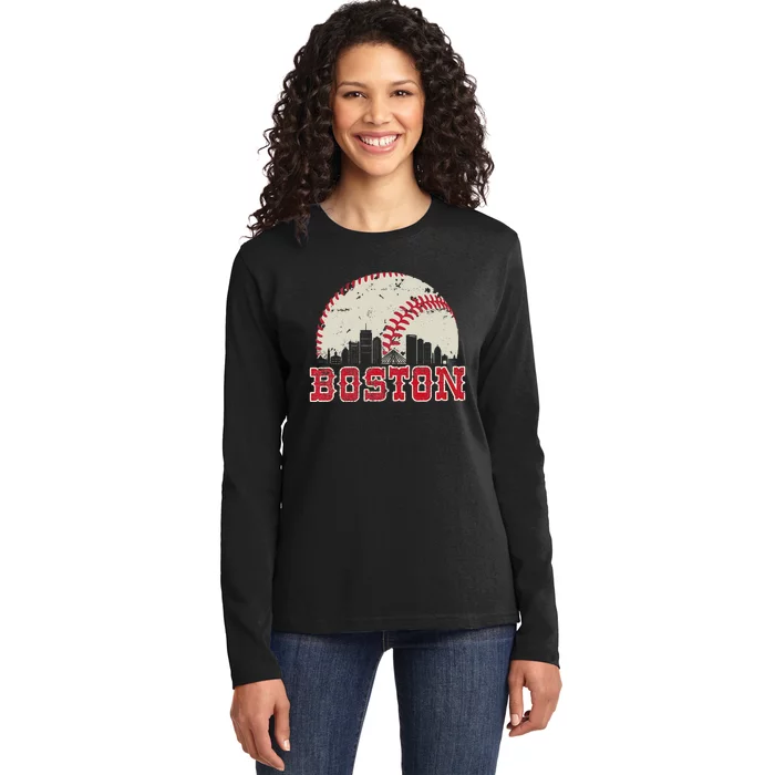 Vintage Boston Cityscape Baseball Lover Ladies Long Sleeve Shirt