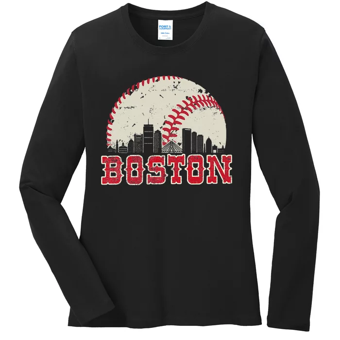 Vintage Boston Cityscape Baseball Lover Ladies Long Sleeve Shirt