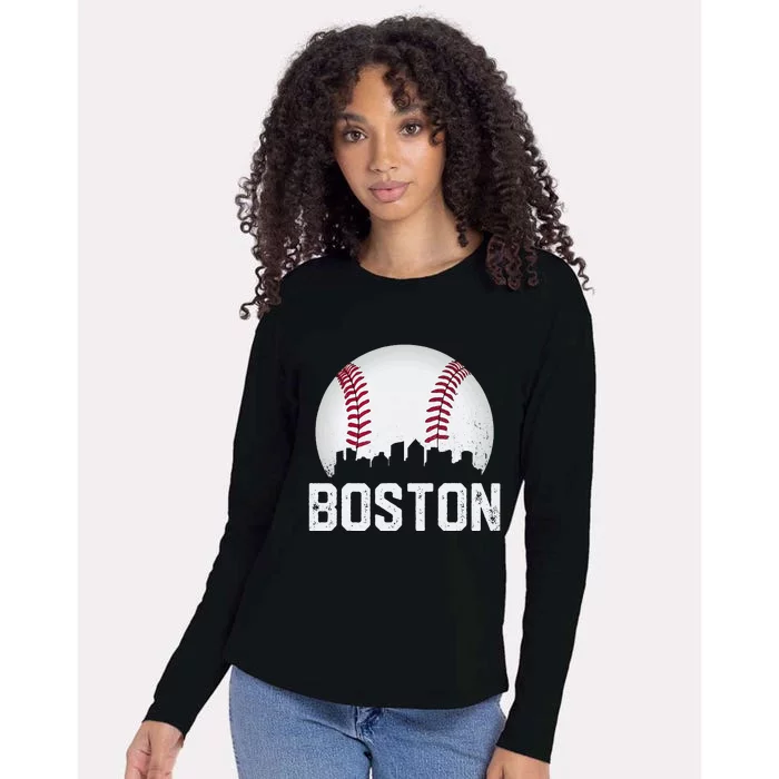 Vintage Boston City Skyline Baseball Game Day Fan Womens Cotton Relaxed Long Sleeve T-Shirt