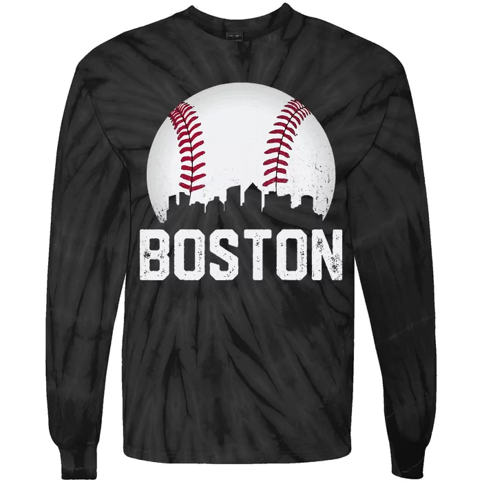 Vintage Boston City Skyline Baseball Game Day Fan Tie-Dye Long Sleeve Shirt