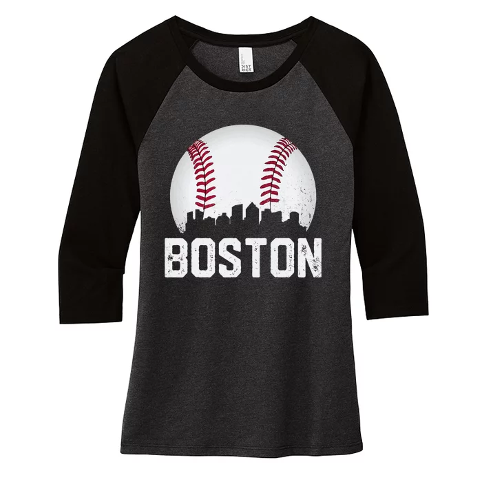 Vintage Boston City Skyline Baseball Game Day Fan Women's Tri-Blend 3/4-Sleeve Raglan Shirt