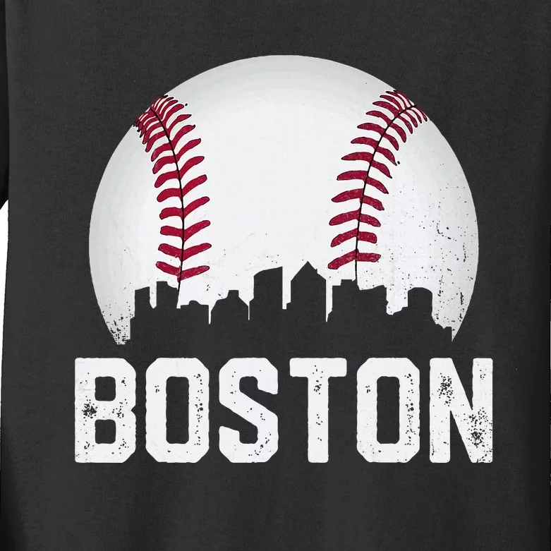 Vintage Boston City Skyline Baseball Game Day Fan Kids Long Sleeve Shirt