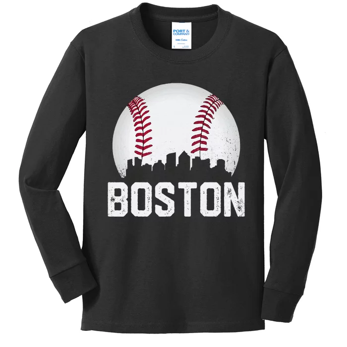 Vintage Boston City Skyline Baseball Game Day Fan Kids Long Sleeve Shirt