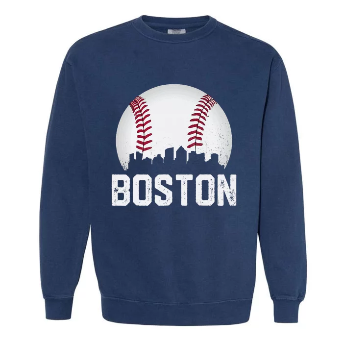 Vintage Boston City Skyline Baseball Game Day Fan Garment-Dyed Sweatshirt