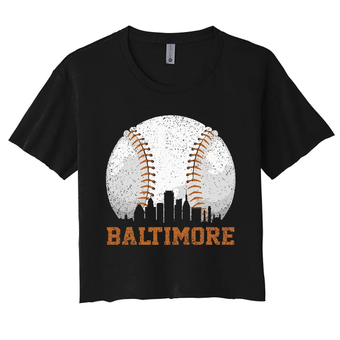 Vintage Baltimore Cityscape Baseball Lover Player and Fans Women's Crop Top Tee