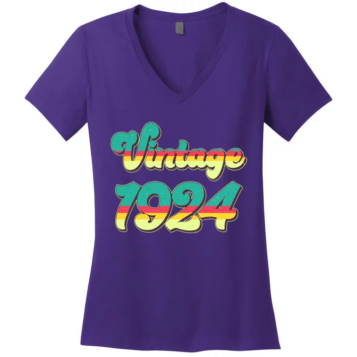 Vintage Bright Colors 1924 100th Birthday Women's V-Neck T-Shirt