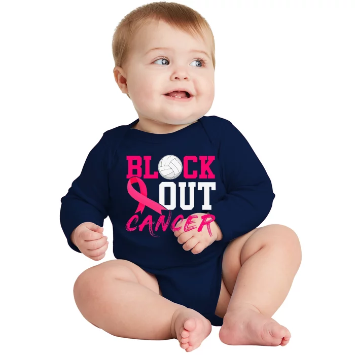 Volleyball Breast Cancer Awareness Block Out Cancer Baby Long Sleeve Bodysuit