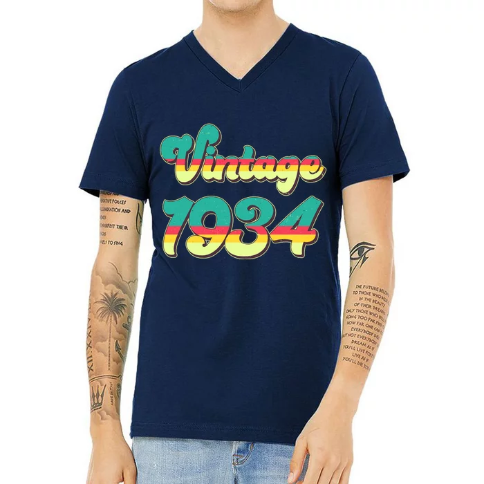 Vintage Bright Colors 1934 90th Birthday V-Neck T-Shirt