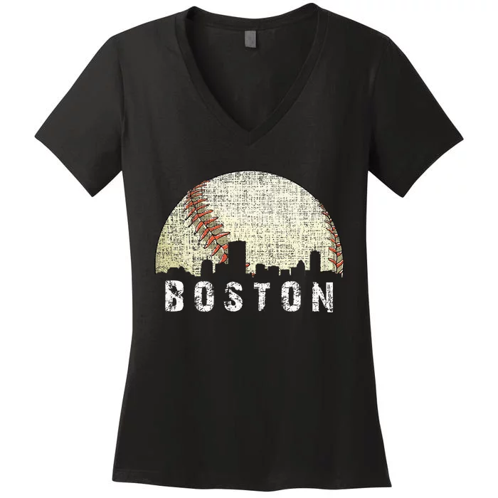 Vintage Boston Cityscape Baseball Lover Women's V-Neck T-Shirt