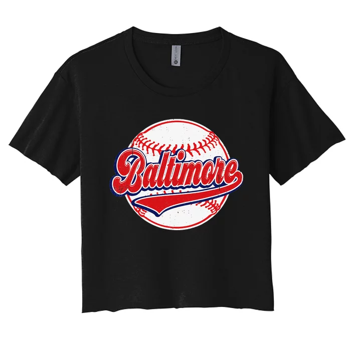 Vintage Baltimore Cityscape Baseball Lover Player and Fans Women's Crop Top Tee