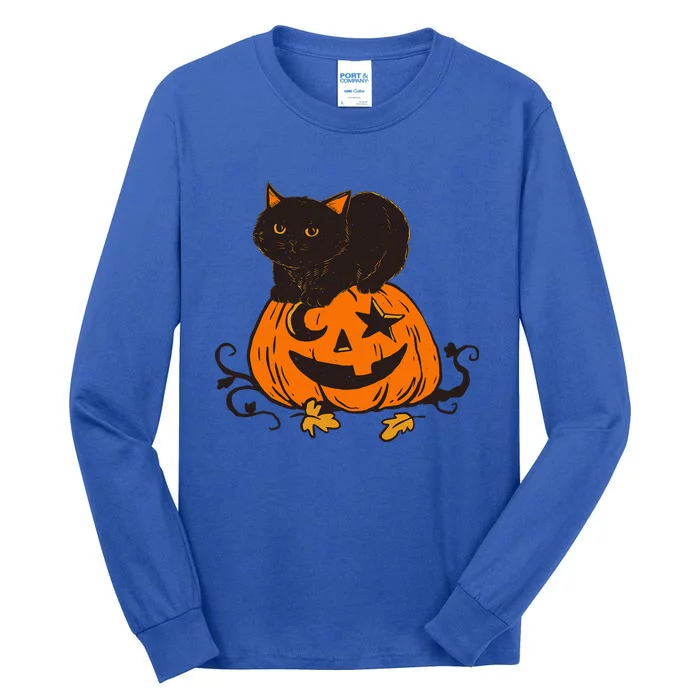 Vintage Black Cat Scary Pumpkin Vintage Halloween Costume Cool Gift Tall Long Sleeve T-Shirt