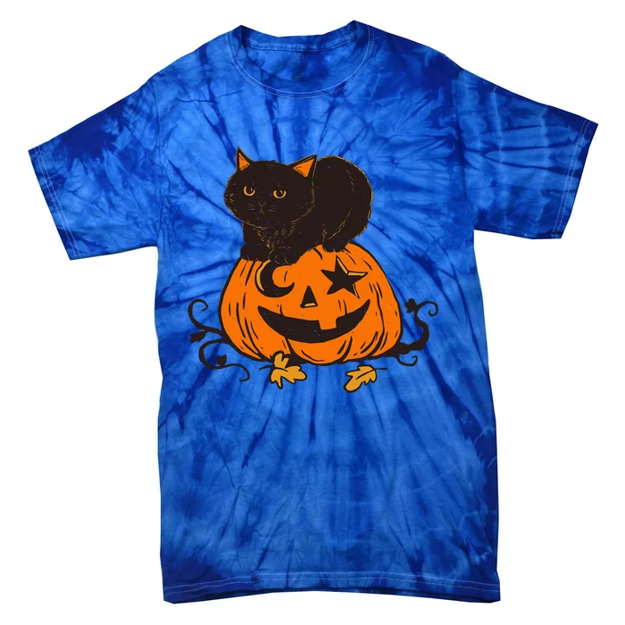 Vintage Black Cat Scary Pumpkin Vintage Halloween Costume Cool Gift Tie-Dye T-Shirt