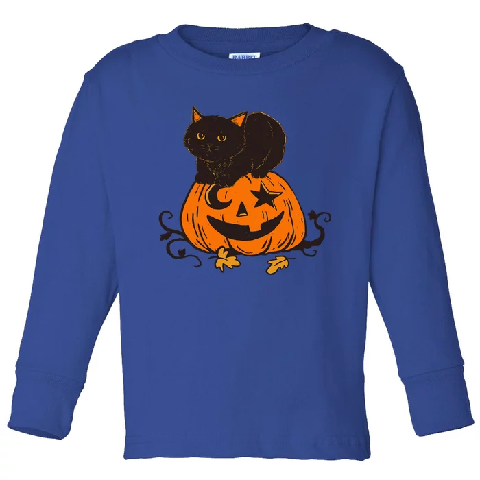 Vintage Black Cat Scary Pumpkin Vintage Halloween Costume Cool Gift Toddler Long Sleeve Shirt