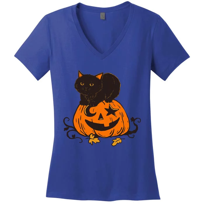 Vintage Black Cat Scary Pumpkin Vintage Halloween Costume Cool Gift Women's V-Neck T-Shirt