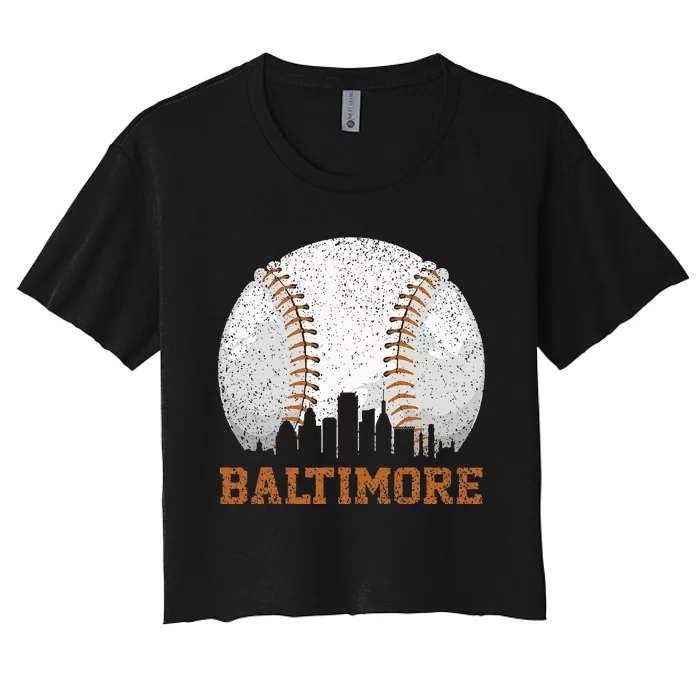 Vintage Baltimore Cityscape Baseball Lover Player And Fans Women's Crop Top Tee