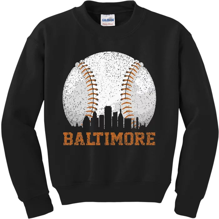 Vintage Baltimore Cityscape Baseball Lover Player And Fans Kids Sweatshirt