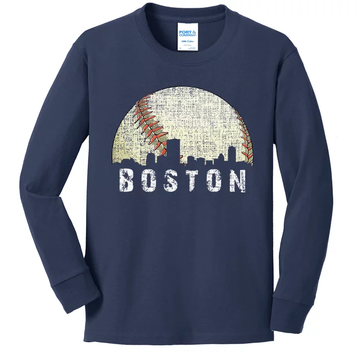 Vintage Boston Cityscape Baseball Lover Kids Long Sleeve Shirt