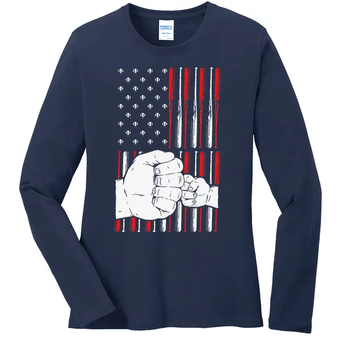 Vintage Baseball Dad And Son American Flag Patriot Father Ladies Long Sleeve Shirt