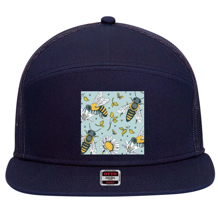 Vintage Bees Daisy Floral 7 Panel Mesh Trucker Snapback Hat