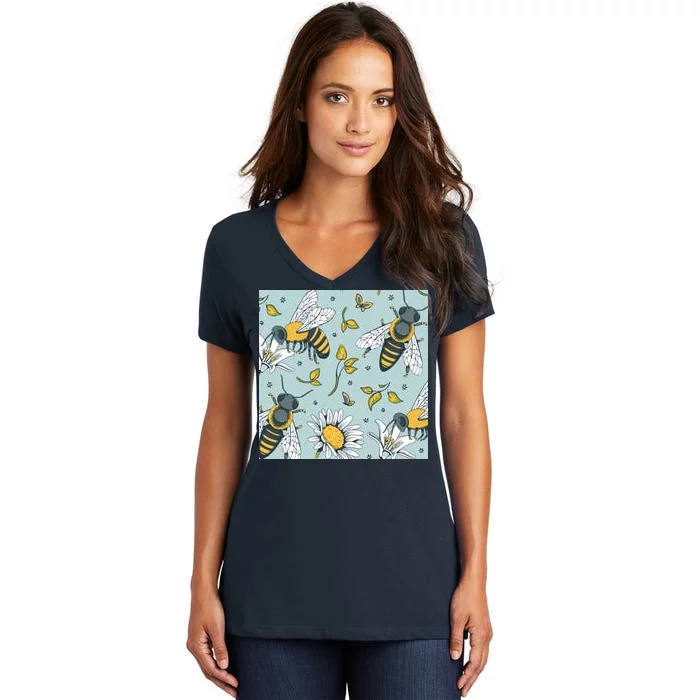 Vintage Bees Daisy Floral Women's V-Neck T-Shirt