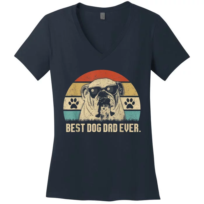 Vintage Best English Bulldog Dad Ever Fathers Day Paw Fur Dog Lovergift Women's V-Neck T-Shirt