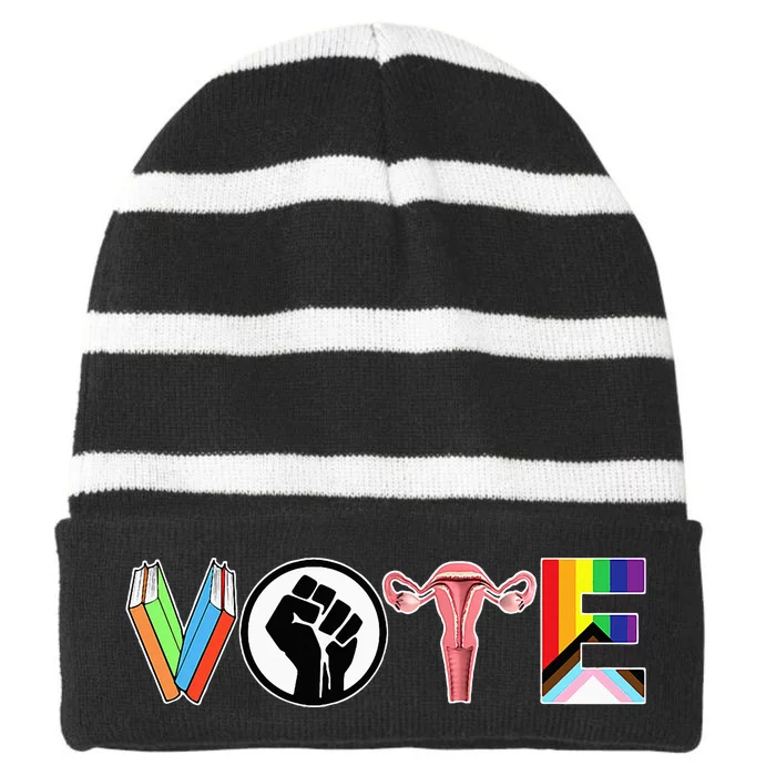 Vote Books Fist Ovaries Lgtbq Striped Beanie with Solid Band