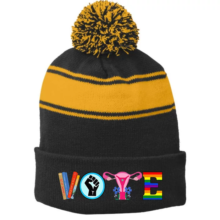 Vote Books Fist Ovaries Lgtbq Stripe Pom Pom Beanie