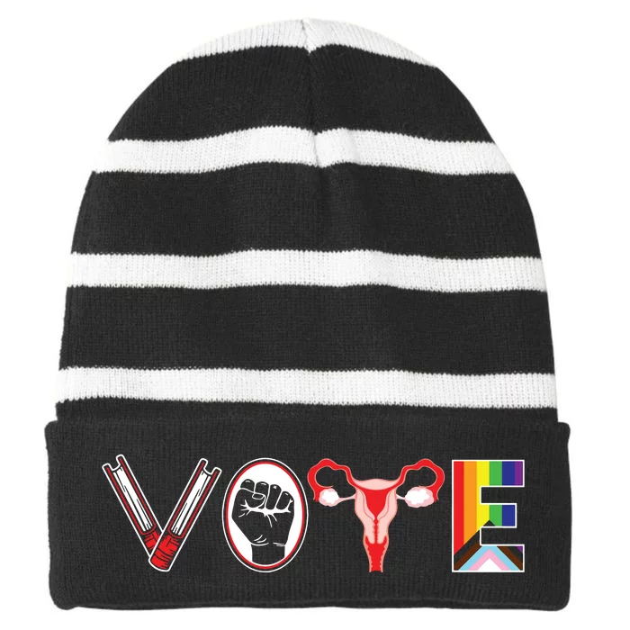 Vote Books Fist Ovaries Lgtbq Feminist Women Striped Beanie with Solid Band