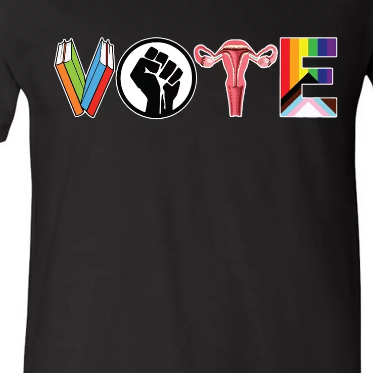 Vote Books Fist Ovaries Lgtbq V-Neck T-Shirt