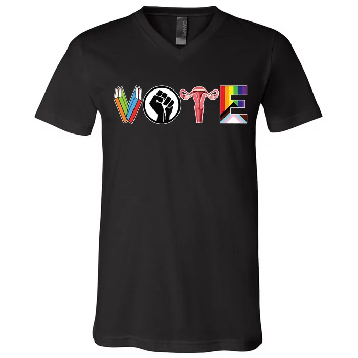 Vote Books Fist Ovaries Lgtbq V-Neck T-Shirt