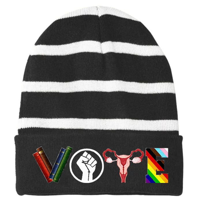 Vote Books Fist Ovaries Lgbt Striped Beanie with Solid Band