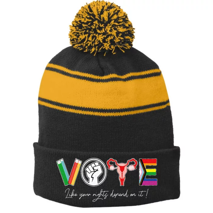 Vote Books Fist Uterus Lgtbq Flag Stripe Pom Pom Beanie