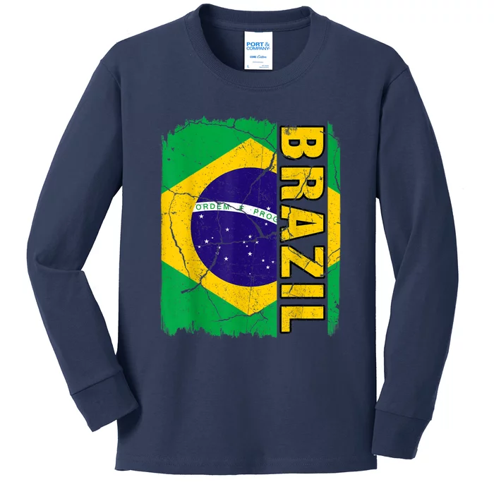 Vintage Brazilian Flag Brazil Pride Roots Heritage Kids Long Sleeve Shirt