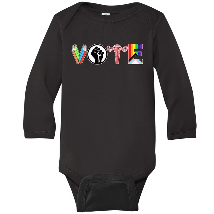 Vote Books Fist Ovaries Lgtbq Baby Long Sleeve Bodysuit