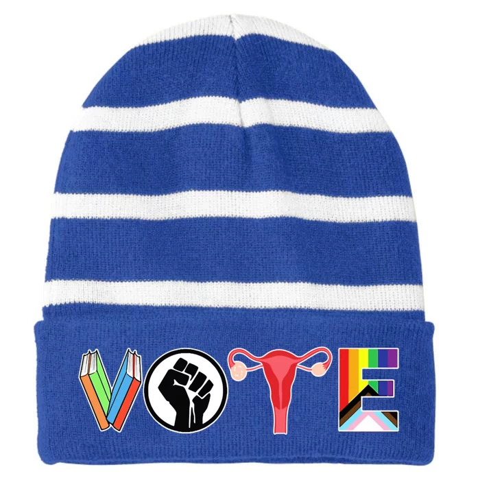 Vote Books Fist Ovaries Lgtbq Striped Beanie with Solid Band