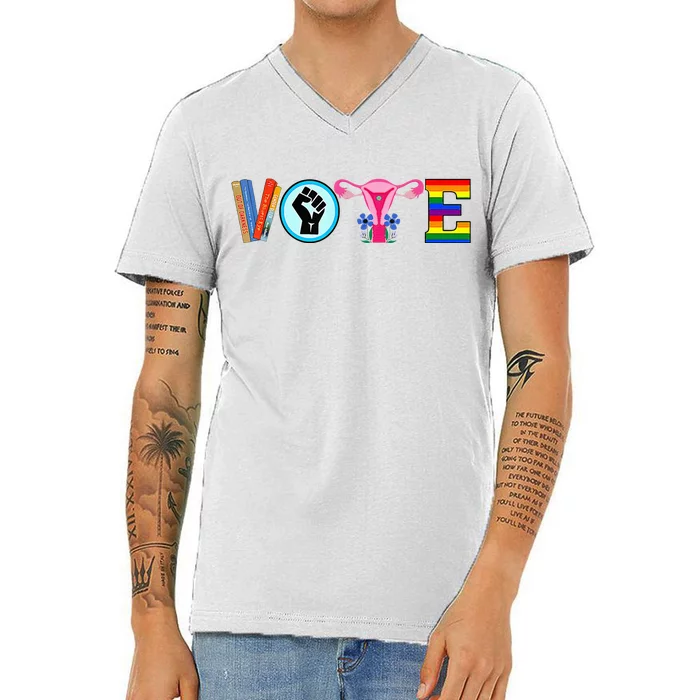 Vote Books Fist Ovaries Lgtbq V-Neck T-Shirt