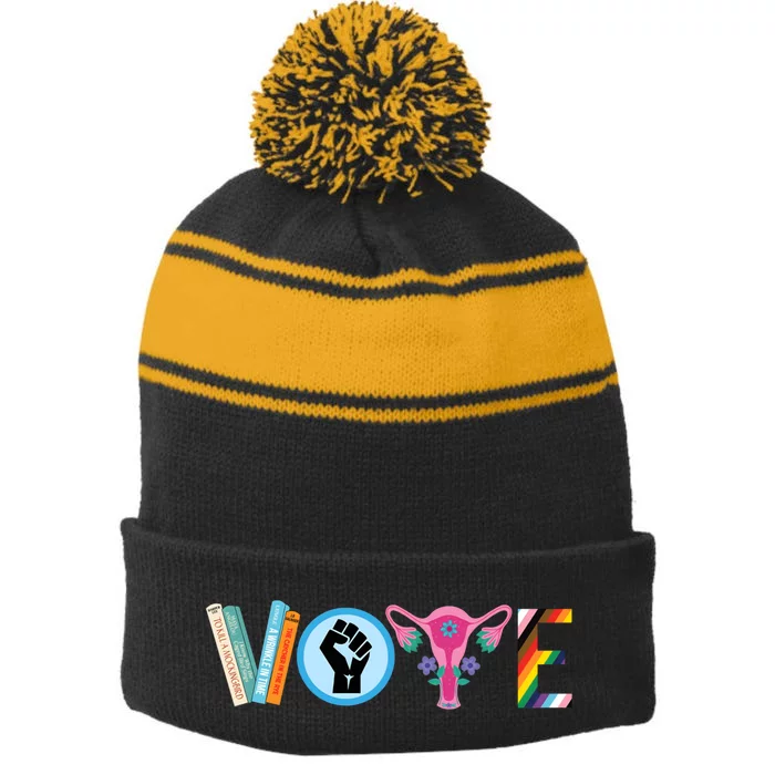 Vote Books Fist Ovaries Lgtbq Stripe Pom Pom Beanie