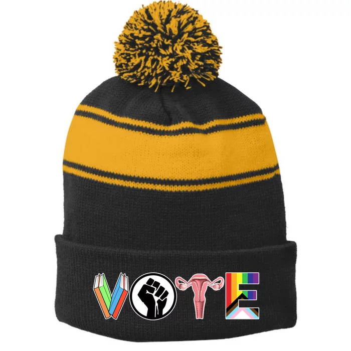 Vote Books Fist Ovaries Lgtbq Stripe Pom Pom Beanie