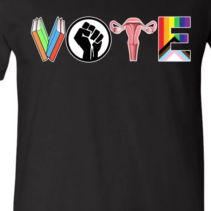 Vote Books Fist Ovaries Lgtbq V-Neck T-Shirt