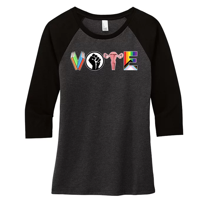 Vote Books Fist Ovaries Lgtbq Women's Tri-Blend 3/4-Sleeve Raglan Shirt