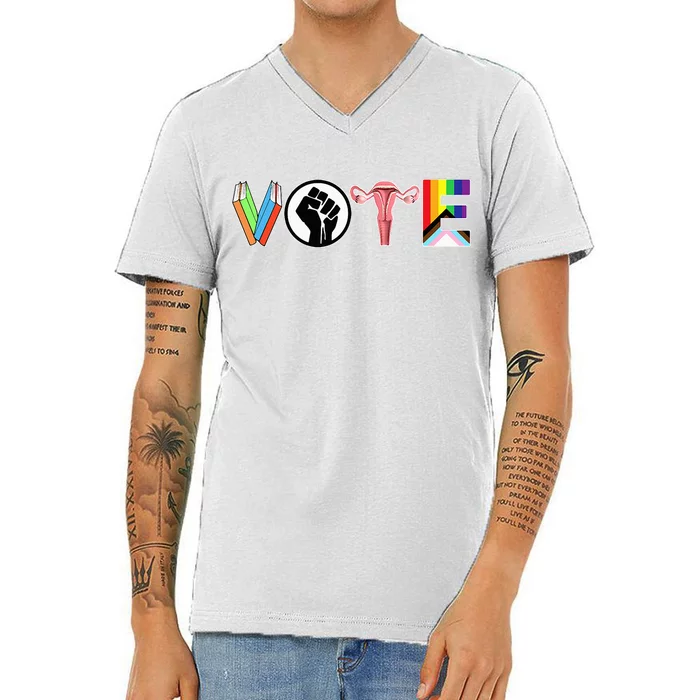 Vote Books Fist Ovaries Lgtbq V-Neck T-Shirt