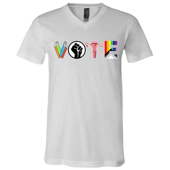 Vote Books Fist Ovaries Lgtbq V-Neck T-Shirt