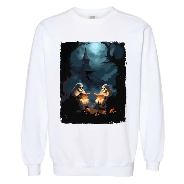 Vintage Boo Halloween Camping Reading Teacher Books Ghost Garment-Dyed Sweatshirt