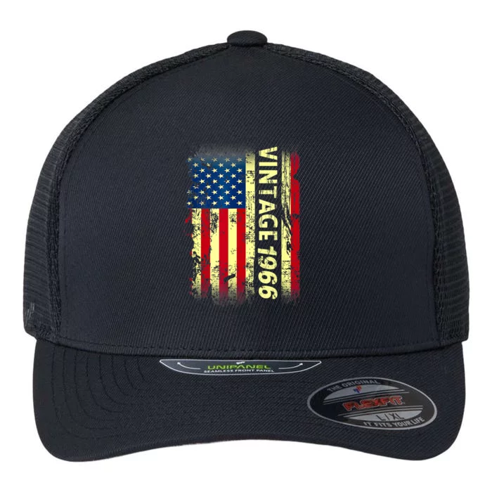 Vintage Born In 1966 Patriotic American Flag Birthday Flexfit Unipanel Trucker Cap