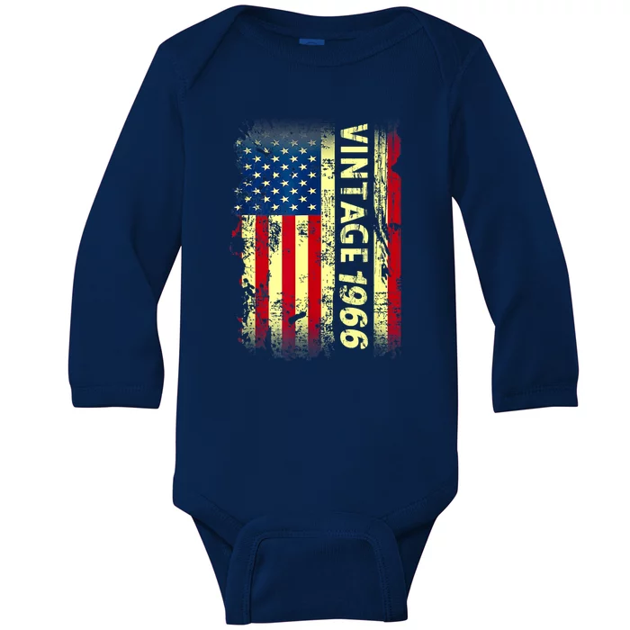 Vintage Born In 1966 Patriotic American Flag Birthday Baby Long Sleeve Bodysuit