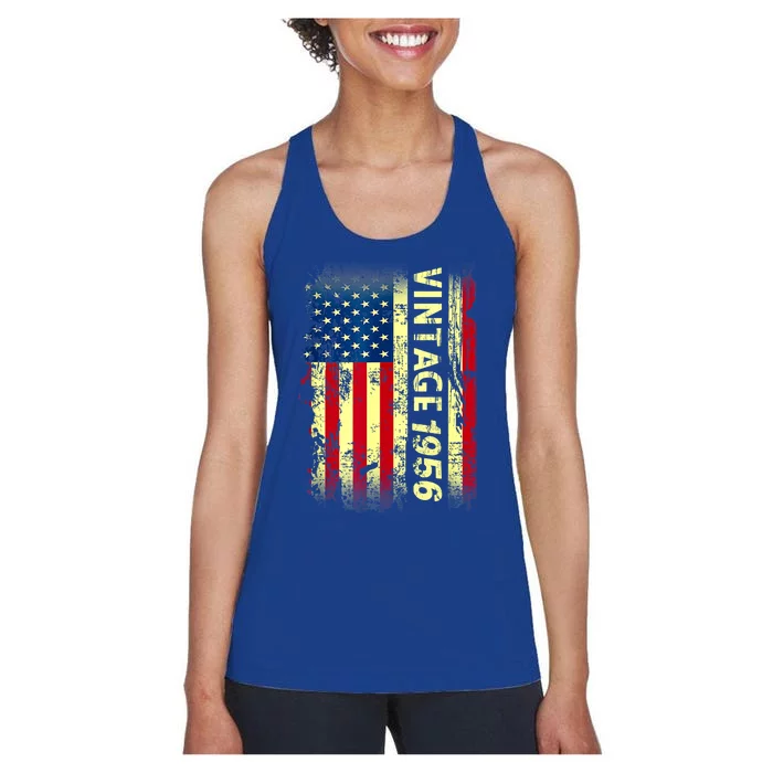 Vintage Born In 1956 Patriotic American Flag Birthday Women's Racerback Tank