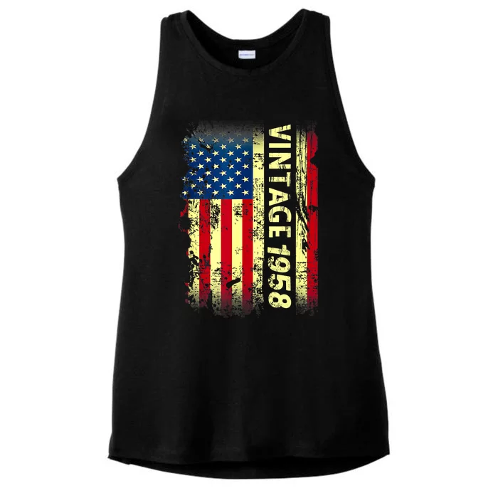 Vintage Born In 1958 Patriotic American Flag Birthday Ladies Tri-Blend Wicking Tank