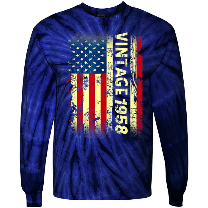 Vintage Born In 1958 Patriotic American Flag Birthday Tie-Dye Long Sleeve Shirt