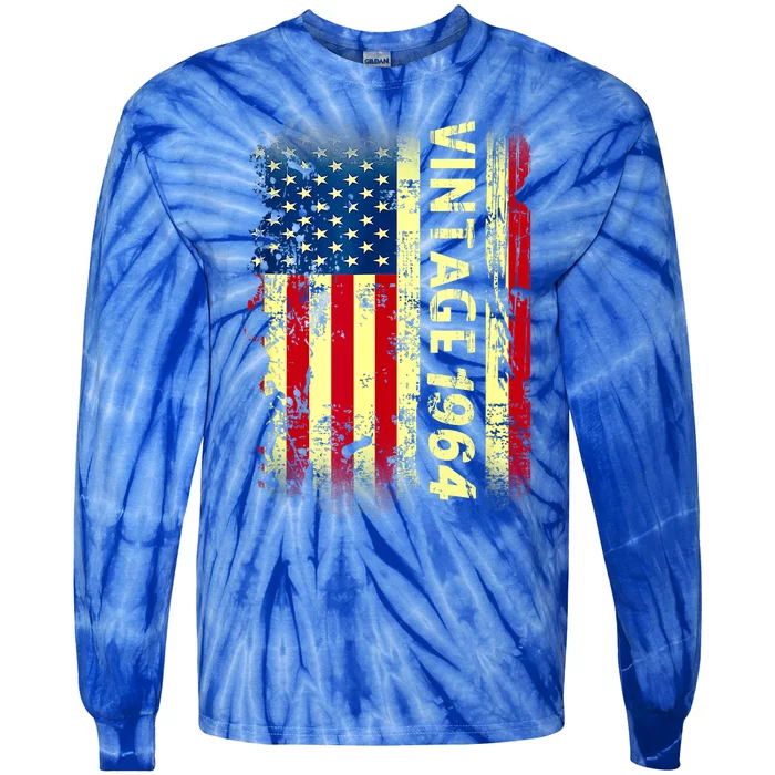 Vintage Born In 1964 Patriotic American Flag Birthday Tie-Dye Long Sleeve Shirt